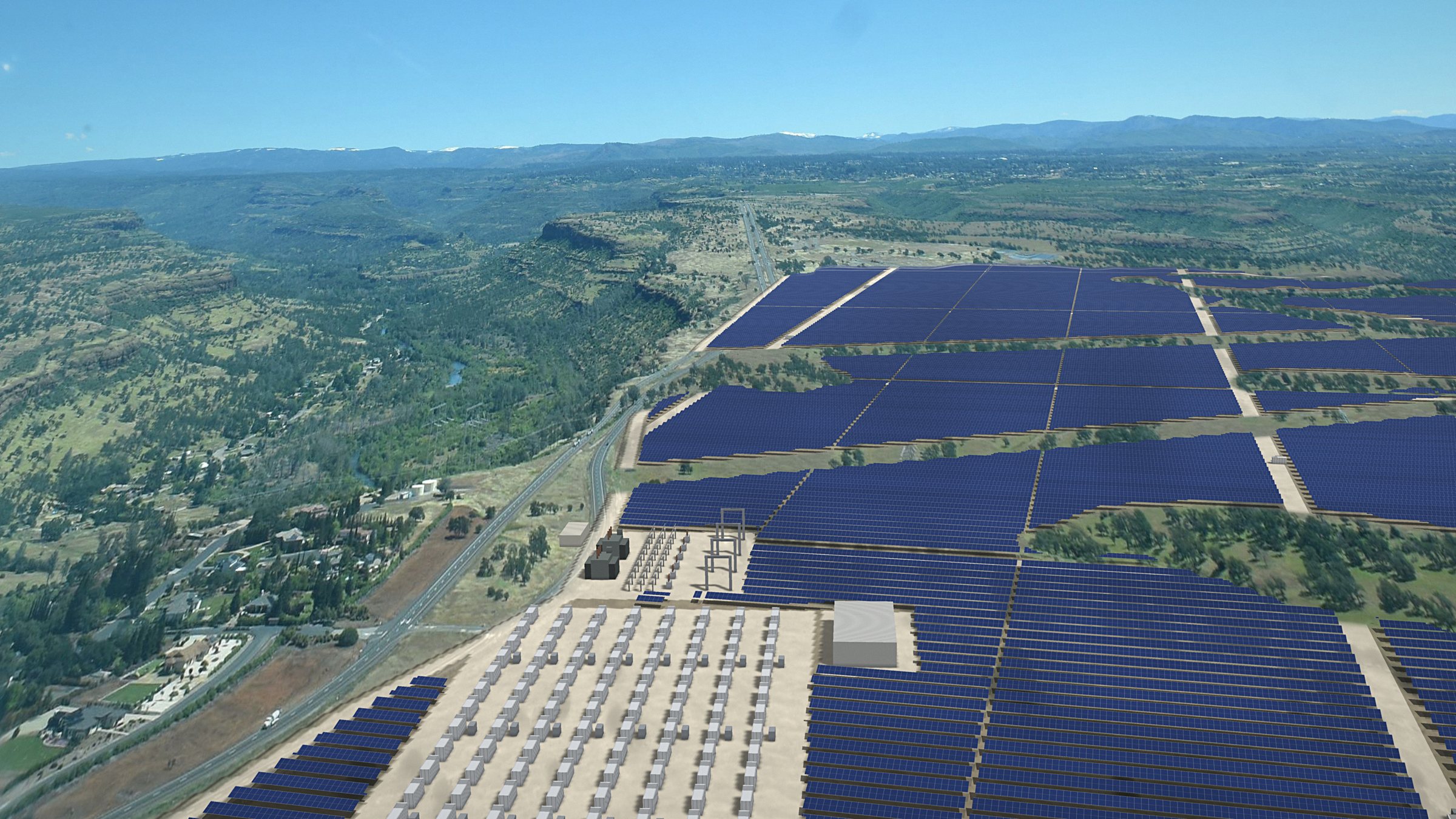 Low aerial view of the proposed battery yard, substation and solar array along Skyway, with Butte Creek Canyon behind.